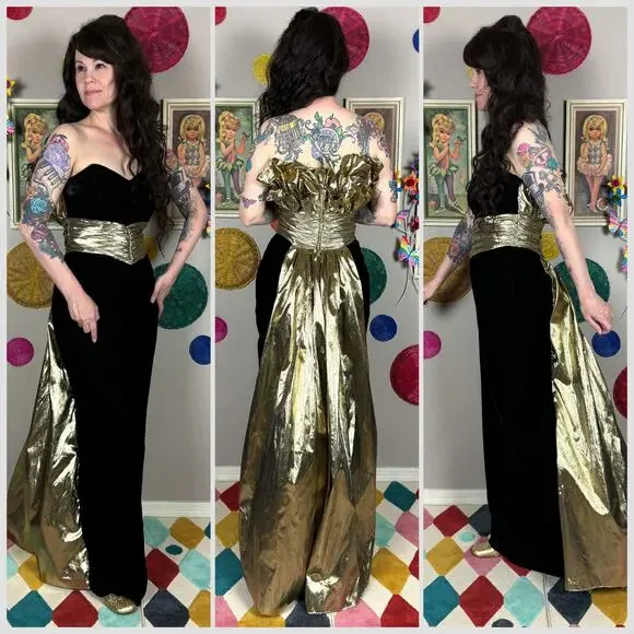 Vintage 1980s Strapless Black Velvet and Gold Lamé Evening Gown - Picture 3 of 8